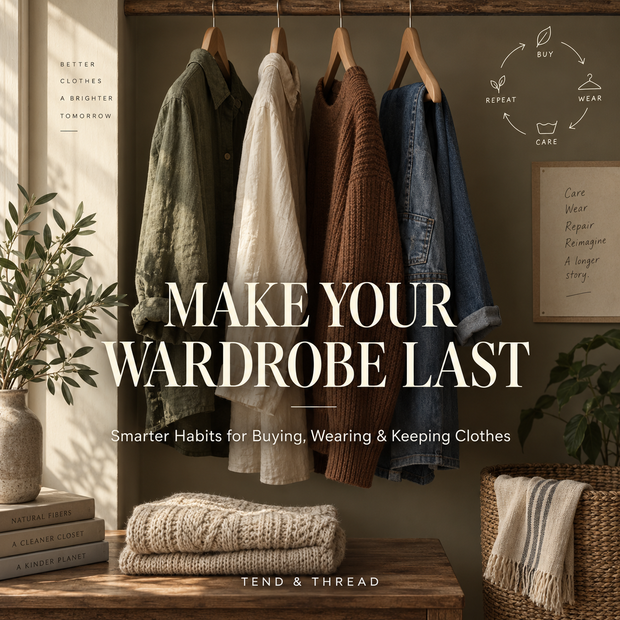 Make Your Wardrobe Last digital ebook cover featuring well-loved garments on wooden hangers.