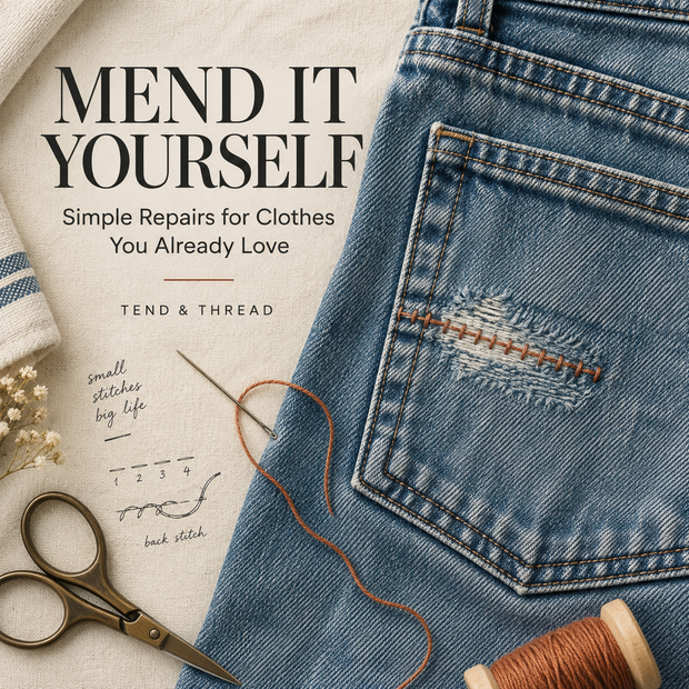 Mend It Yourself digital ebook cover featuring a repaired denim pocket and hand-sewing tools.